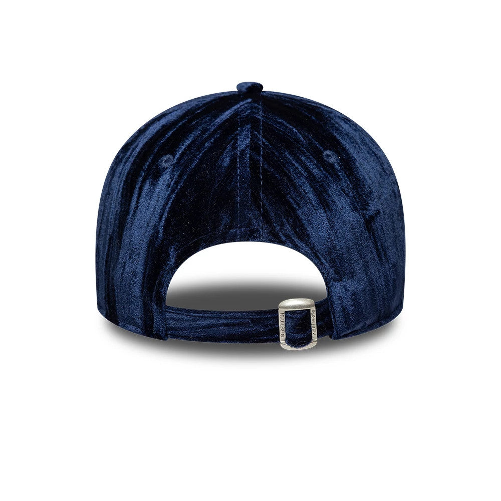 LA Dodgers Womens MLB Velour Navy New Era 9TWENTY Adjustable Cap, rear view showing the navy velour fabric and adjustable strap with buckle at the back, highlighting the soft texture and classic design of the structured crown.
