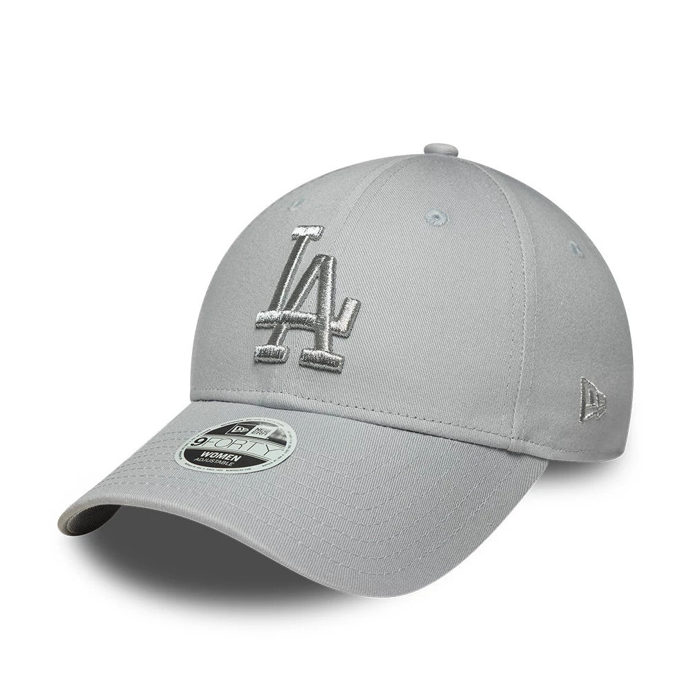 LA Dodgers Womens MLB Metallic Grey New Era 9FORTY Adjustable Cap, front view showing the raised silver LA logo embroidered on the front panels, a grey curved visor with a 9FORTY size sticker, and the New Era flag logo on the left side.