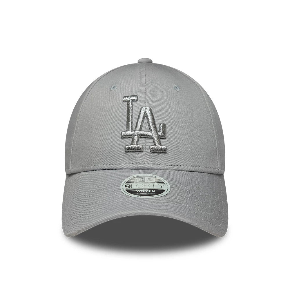 LA Dodgers Womens MLB Metallic Grey New Era 9FORTY Adjustable Cap, front view showing a raised silver embroidered LA logo on the structured grey crown, with a matching curved visor and a 9FORTY size sticker on the visor.