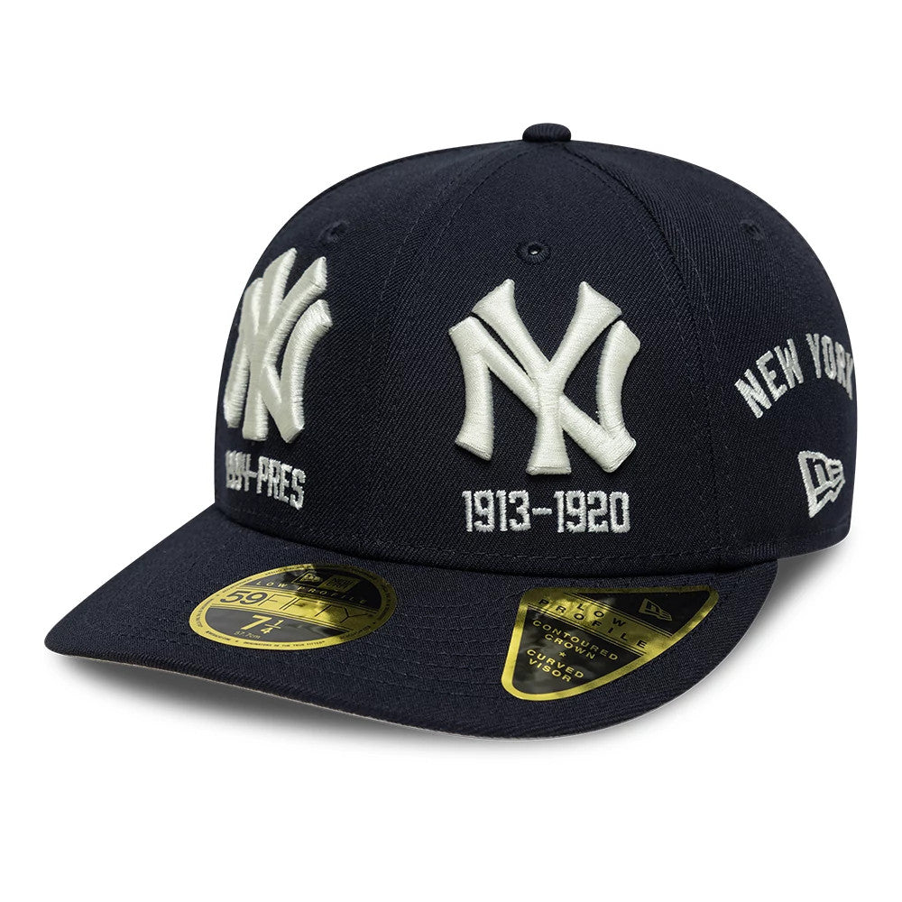 New York Yankees MLB Historic Navy Low Profile New Era 59FIFTY Fitted Cap, front view showing raised white embroidered NY logos with 1913-1920 text below, a curved navy visor with gold 59FIFTY size sticker, and New Era flag logo on the side.