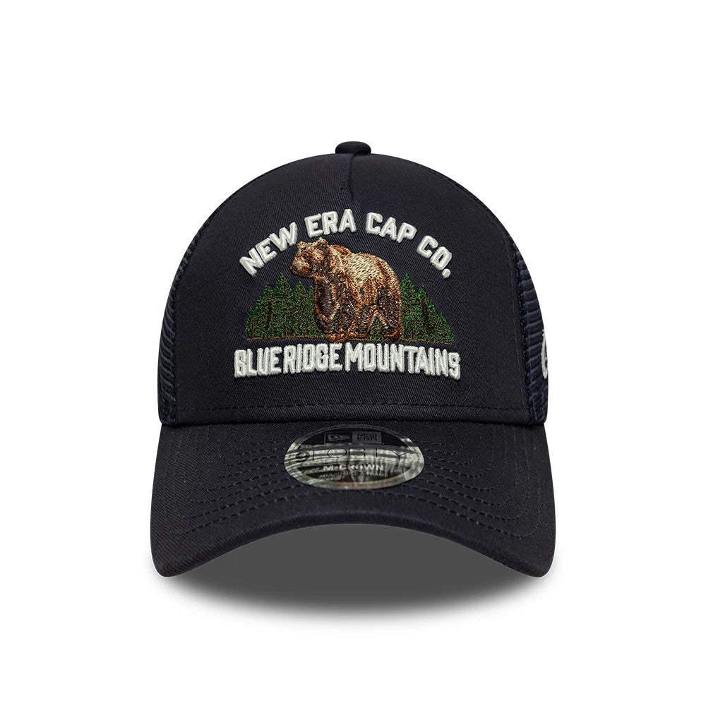 Pictured is this New Era Graphic 9FORTY M-Crown A-Frame Trucker cap in navy. 2