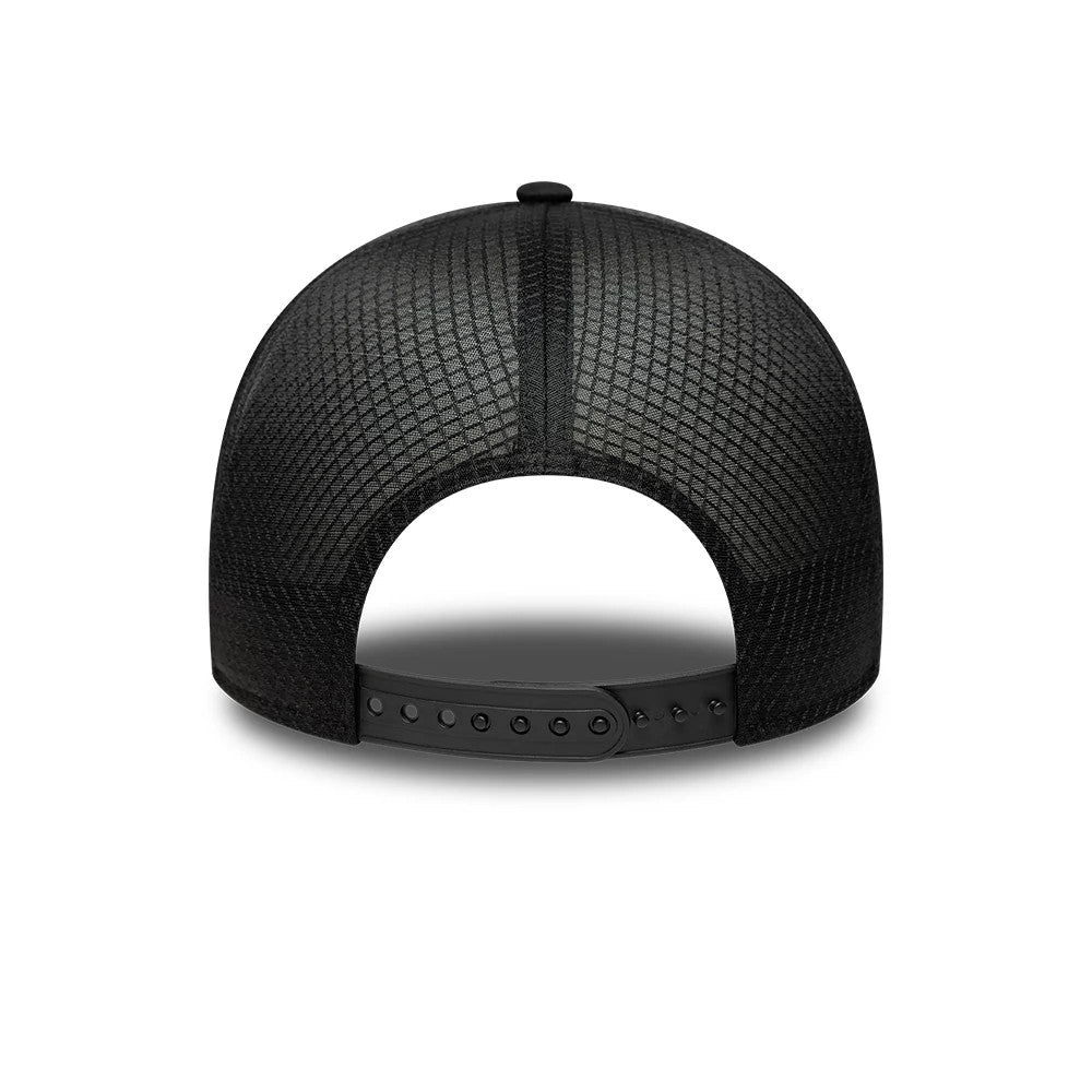 New York Yankees MLB Sporty Black New Era 9FORTY Apex Adjustable Cap, rear view showing a textured black mesh back with an adjustable snap closure, highlighting the rounded shape of the structured crown.