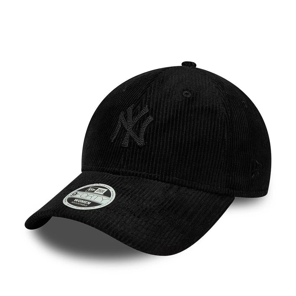 New York Yankees Womens MLB Cord Black New Era 9FORTY Adjustable Cap, three-quarter view showing the raised black NY logo embroidered on the front panel, a curved visor with a 9FORTY size sticker, and a black corduroy texture.