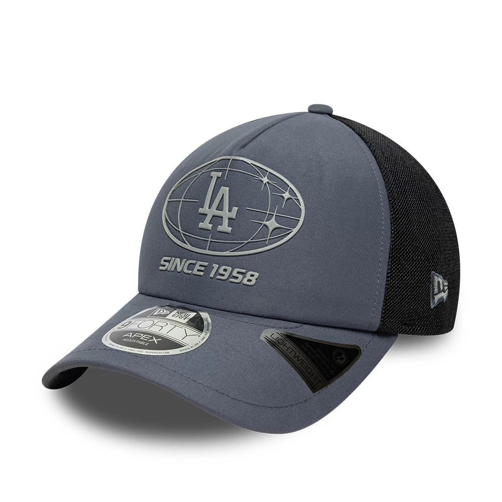 LA Dodgers MLB Graphic Grey New Era 9FORTY Apex Adjustable Cap, front view showing the grey embroidered LA logo and Since 1958 script on the structured grey front panels, with the black mesh back panels and a 9FORTY size sticker on the curved visor.