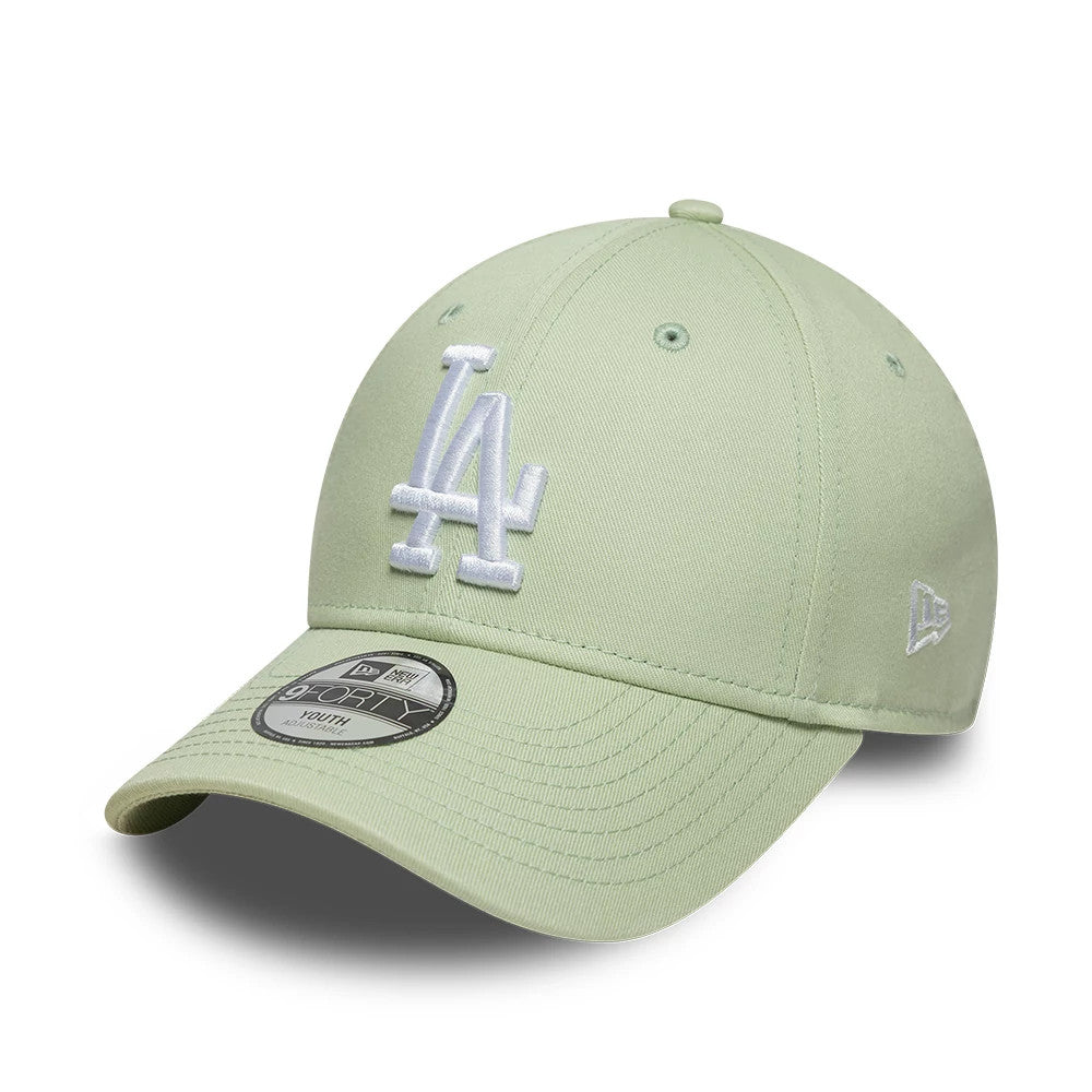 LA Dodgers Youth MLB League Essential Pastel Green New Era 9FORTY Adjustable Cap, three-quarter view showing a white embroidered LA logo on the front panel, a matching pastel green curved visor with a 9FORTY size sticker.