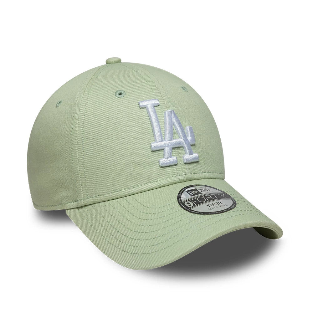 LA Dodgers Youth MLB League Essential Pastel Green New Era 9FORTY Adjustable Cap, three-quarter view showing the white embroidered LA logo on the front panel, pastel green curved visor, and the 9FORTY size sticker on the visor.