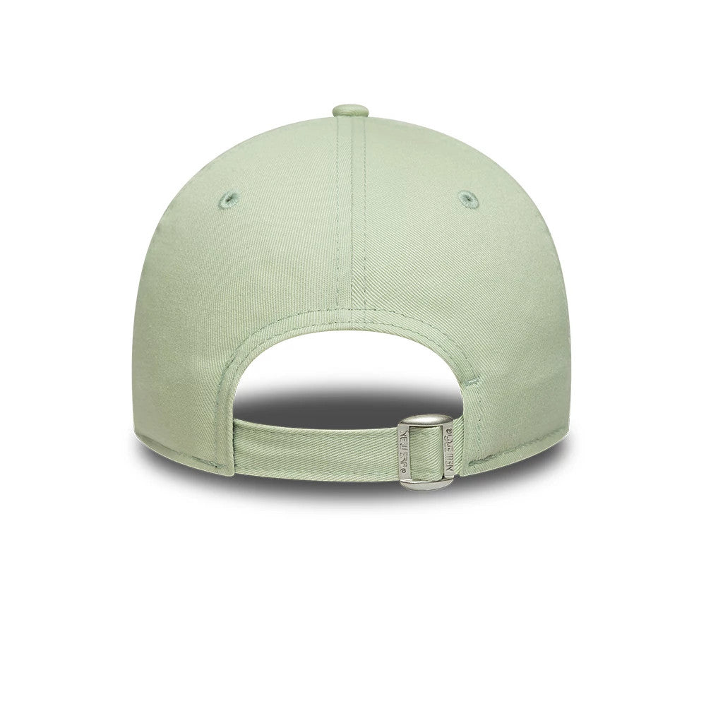 LA Dodgers Youth MLB League Essential Pastel Green New Era 9FORTY Adjustable Cap, rear view showing the silver adjustable strap with a buckle, green structured crown with matching eyelets and a top button for a balanced design.