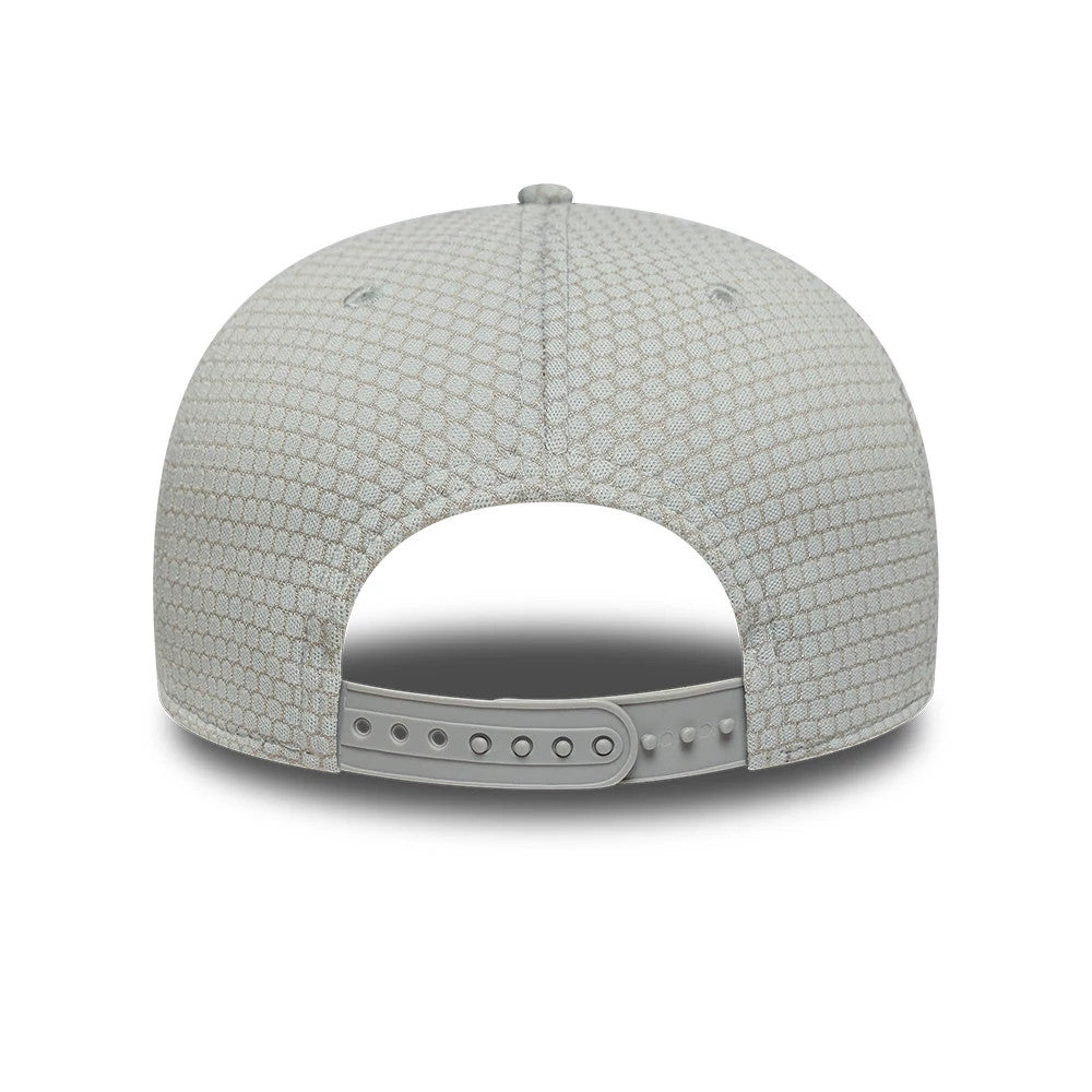 Yankees MLB Flawless Mesh Grey New Era 9SEVENTY Stretch Snap Adjustable Cap, rear view showing the intricate hexagonal mesh pattern on the structured grey panels, complemented by a grey adjustable snapback closure for a custom fit.