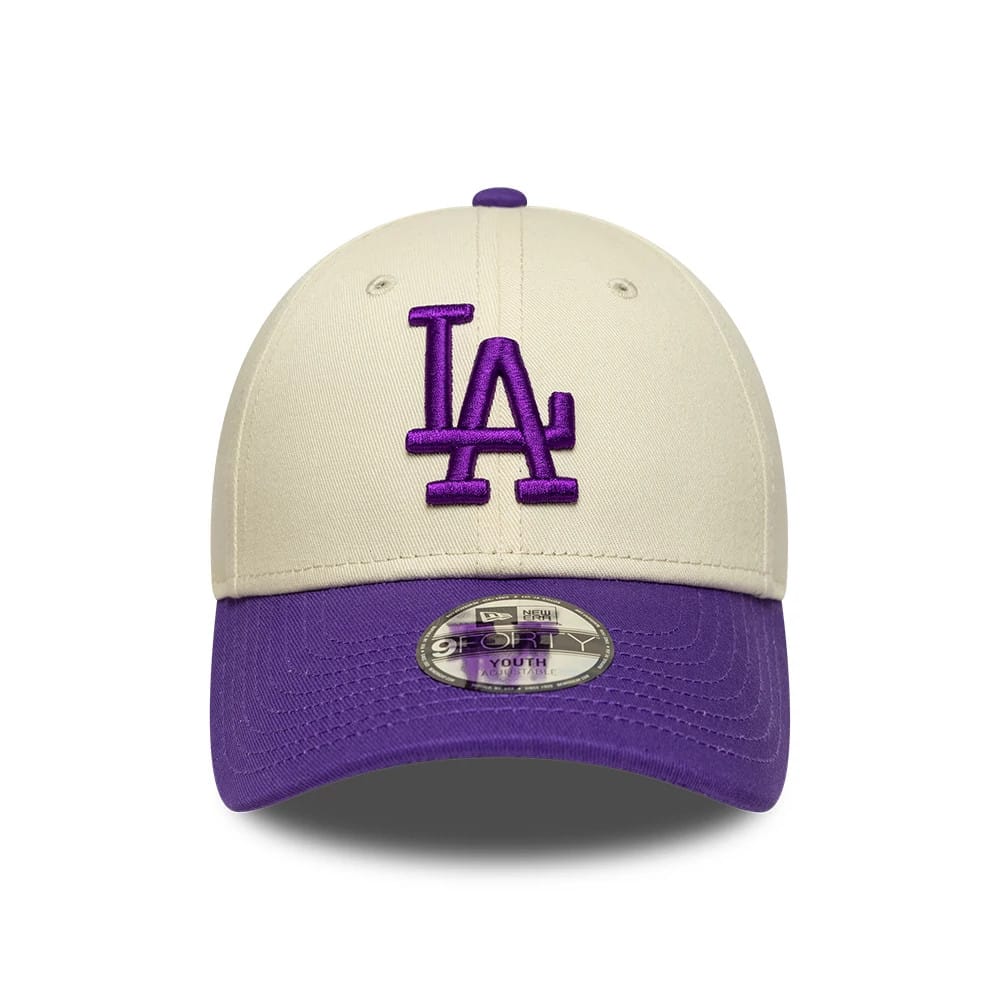Pictured is this Youth MLB League Essential LA Dodgers 9FORTY cap in cream & purple. 2