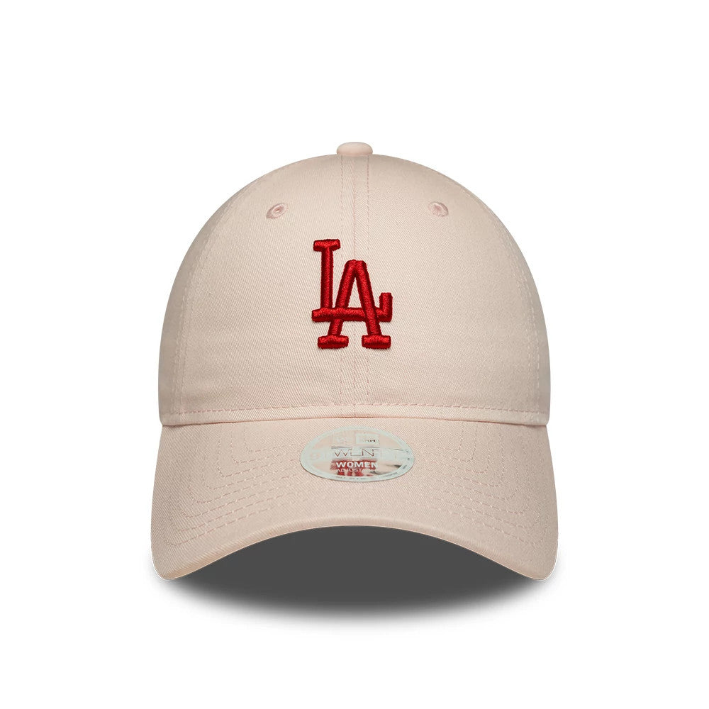 LA Dodgers Womens MLB League Essential Pastel Pink New Era 9TWENTY Adjustable Cap, front view showing the red embroidered LA logo on the front panel, a pastel pink curved visor, and a 9TWENTY size sticker on the visor.