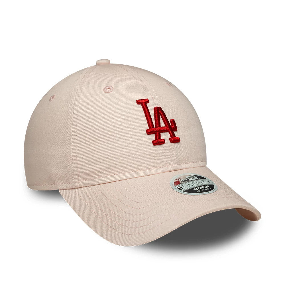 LA Dodgers Womens MLB League Essential Pastel Pink New Era 9TWENTY Adjustable Cap, three-quarter view showing the red raised LA logo on the structured pastel pink crown, curved visor, and 9TWENTY size sticker on the visor.