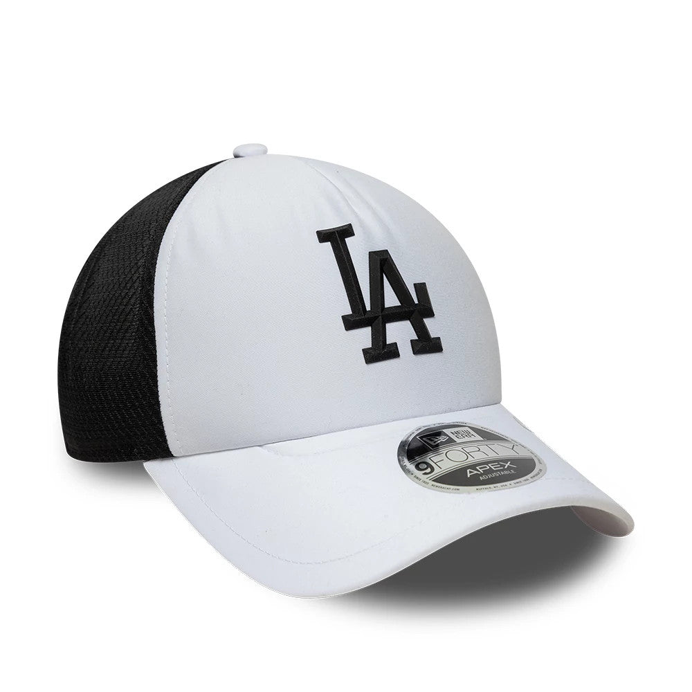 LA Dodgers MLB Sporty White New Era 9FORTY Apex Adjustable Cap, three-quarter view showing the black LA logo in raised embroidery on the white front panel, with a black mesh back and a 9FORTY size sticker on the white curved visor.