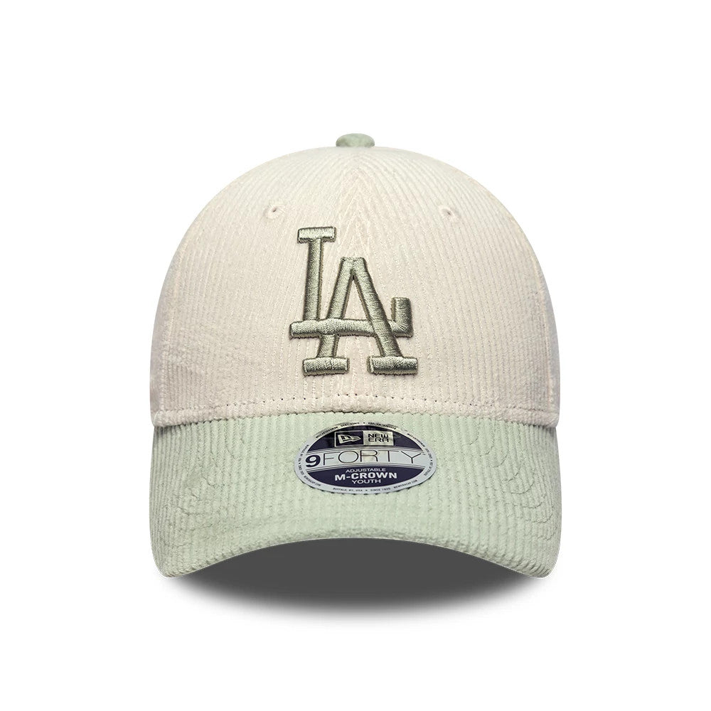 LA Dodgers Youth MLB Cord Cream New Era 9FORTY M-Crown Adjustable Cap, front view showing the raised green LA logo embroidered on the cream corduroy front panel, with a green visor and a 9FORTY size sticker positioned centrally on the visor.