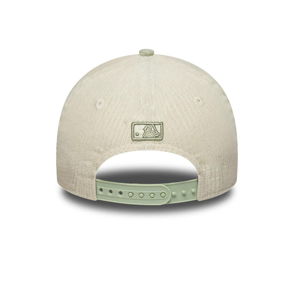 LA Dodgers Youth MLB Cord Cream New Era 9FORTY M-Crown Adjustable Cap, rear view showing the embroidered MLB Batterman logo centred on the cream corduroy back panels, with a light green adjustable strap and top button.