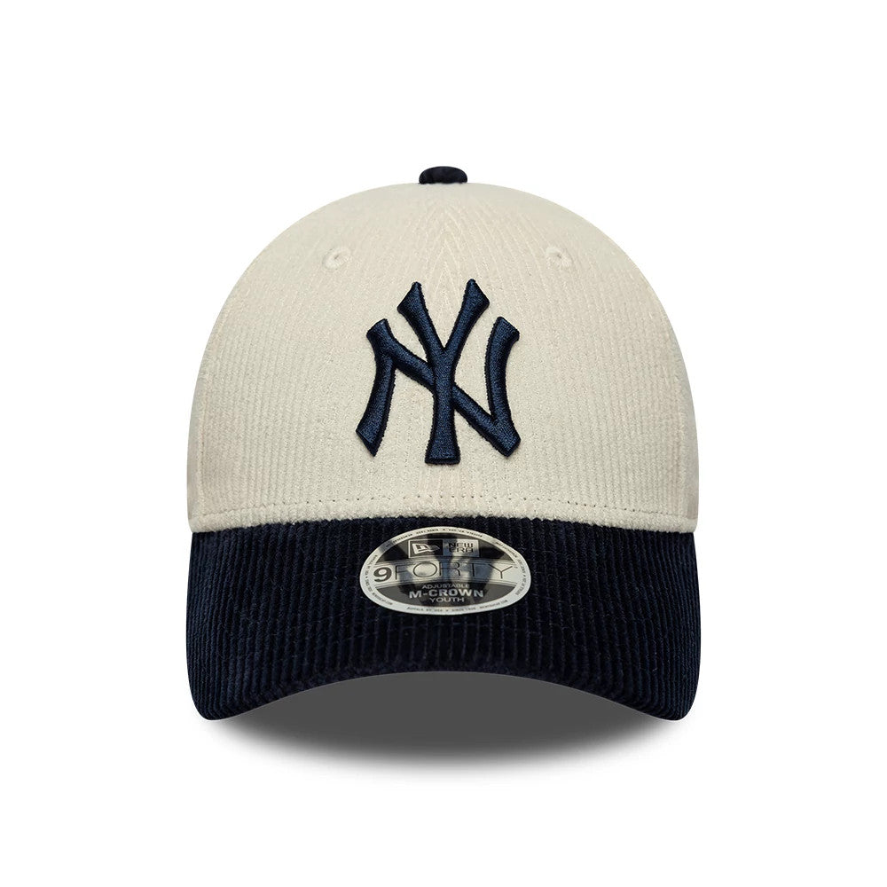 Yankees Youth MLB Cord White & Black New Era 9FORTY M-Crown Adjustable Cap, front view showing the large navy embroidered NY logo on the white crown, with a contrasting black corduroy visor and the 9FORTY size sticker on the visor.