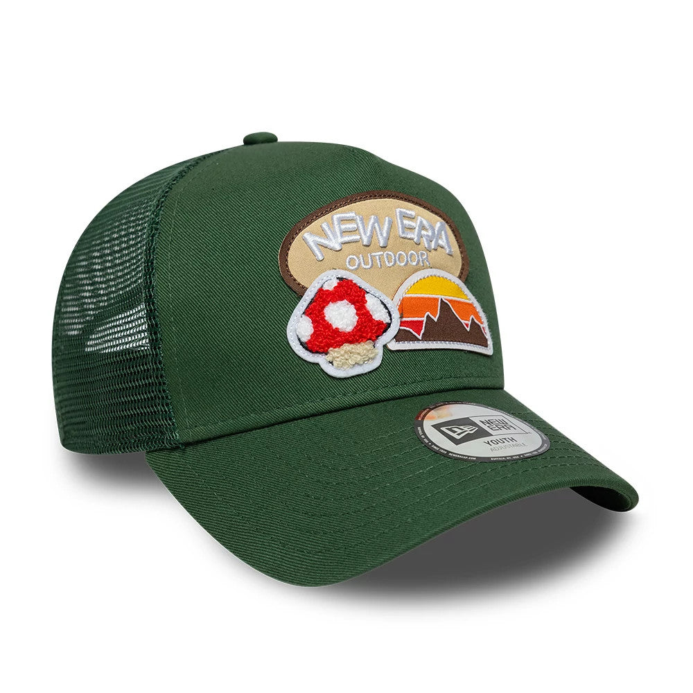 Pictured is this Youth New Era Outdoor 9FORTY A-Frame Trucker cap in dark green. 3