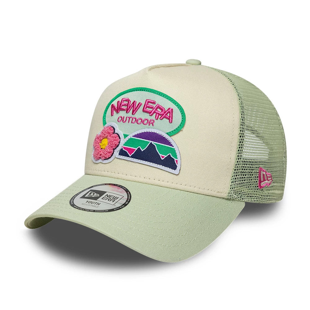 Youth New Era Outdoor Pastel Green 9FORTY A-Frame Trucker Adjustable Cap, front view showing the pink and green embroidered patch on the beige front panel, a pink flower detail, and the pastel green curved visor with a 9FORTY size sticker.