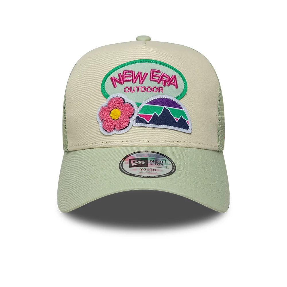 Pictured is this Youth New Era Outdoor 9FORTY A-Frame Trucker cap in pastel green. 2
