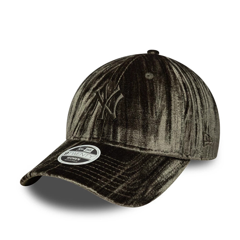 New York Yankees Womens MLB Velour Green New Era 9TWENTY Adjustable Cap, three-quarter view showing the raised embroidered NY logo on the front panel, a curved green velour visor with a 9TWENTY size sticker, and New Era flag logo on the left side.