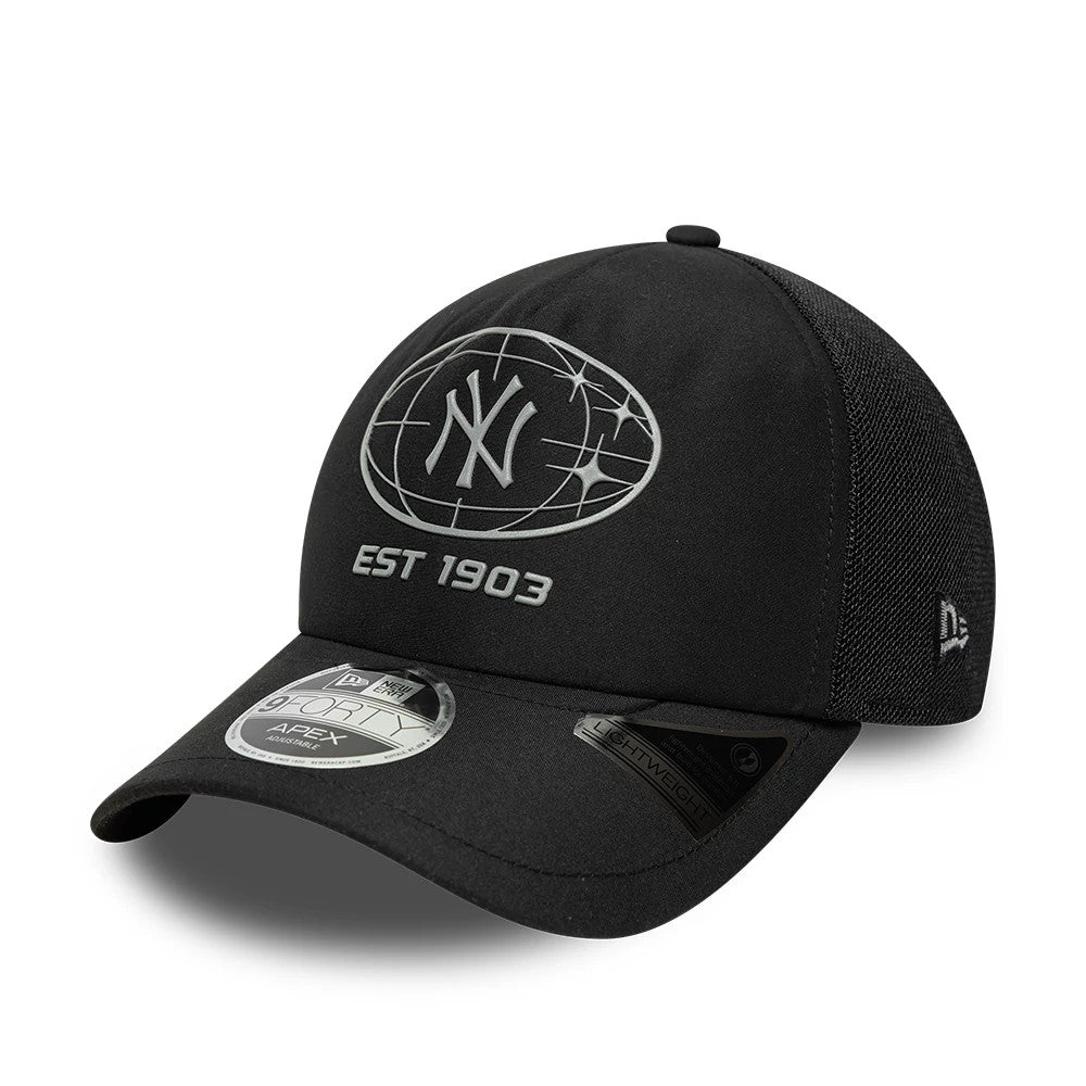 New York Yankees MLB Graphic Black New Era 9FORTY Apex Adjustable Cap, front view showing a silver embroidered globe and NY logo with EST 1903 text on the black crown, curved black visor with a 9FORTY size sticker, mesh side panels.