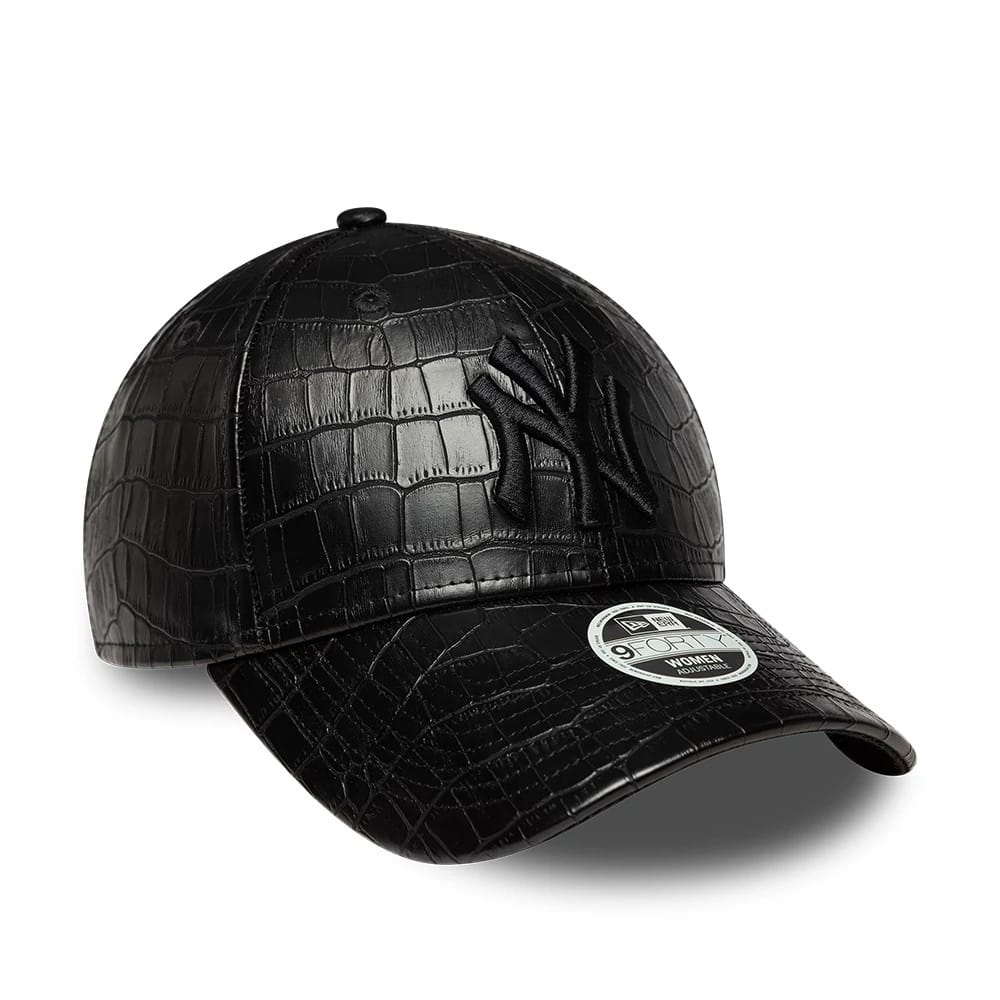 Pictured is this Womens MLB Pattern PU New York Yankees 9FORTY cap in black. 3