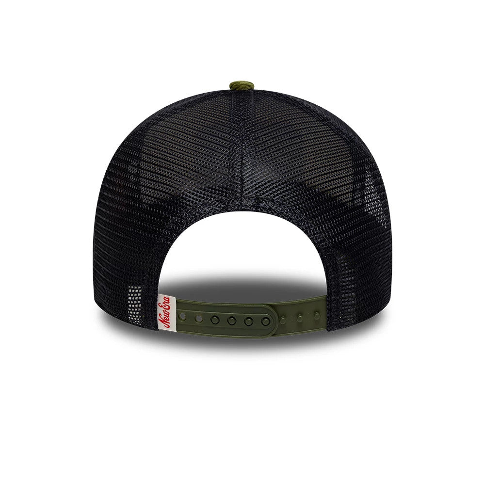 Pictured is this New Era Patch Cord 9FORTY A-Frame Trucker cap in cream & green. 4