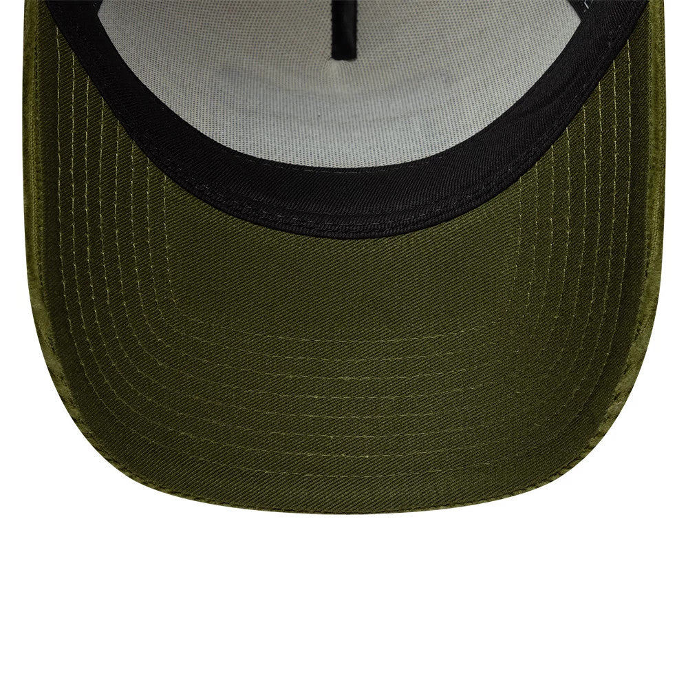 Pictured is this New Era Patch Cord 9FORTY A-Frame Trucker cap in cream & green. 5