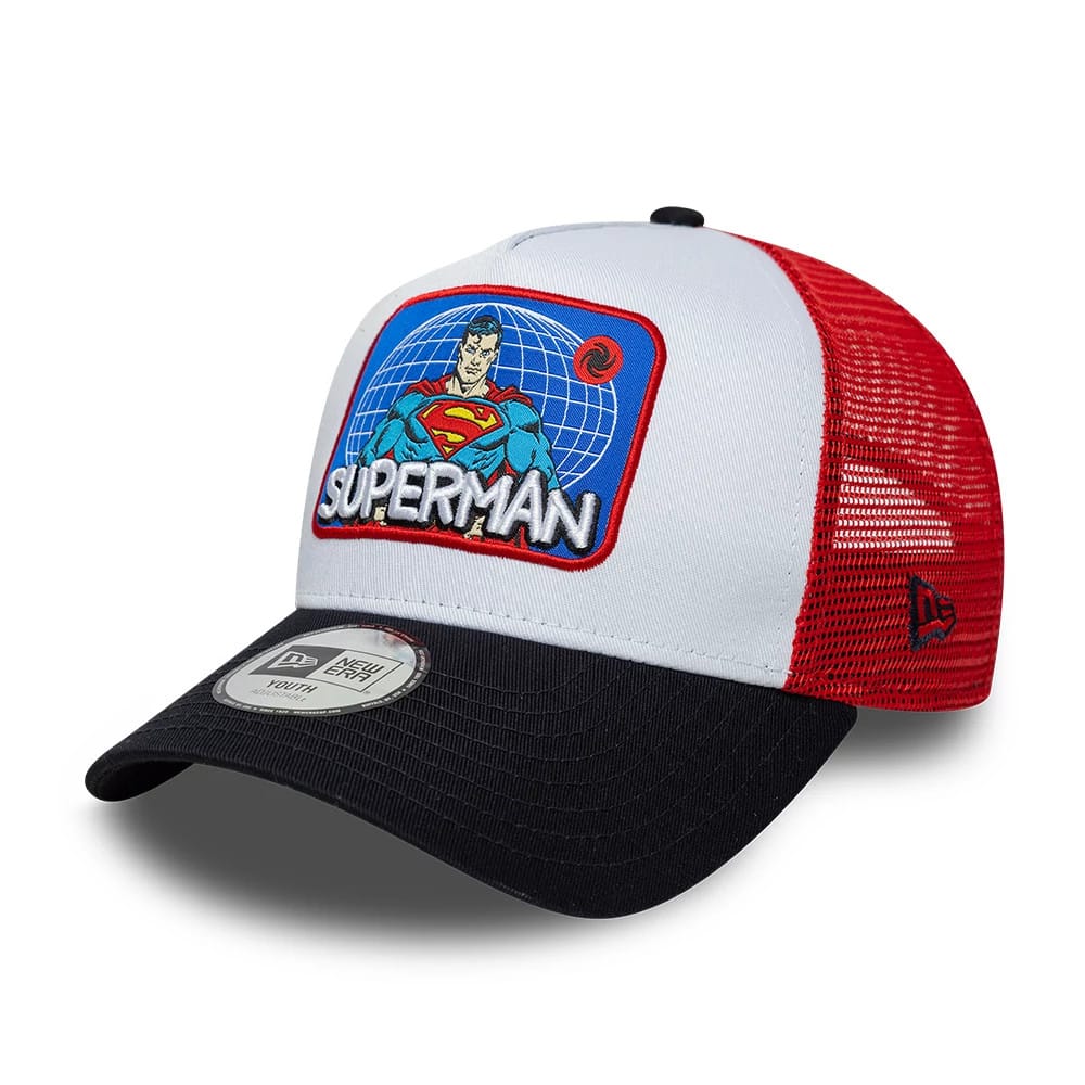 Pictured is this Youth DC Patch Superman 9FORTY A-Frame Trucker cap in white. 1