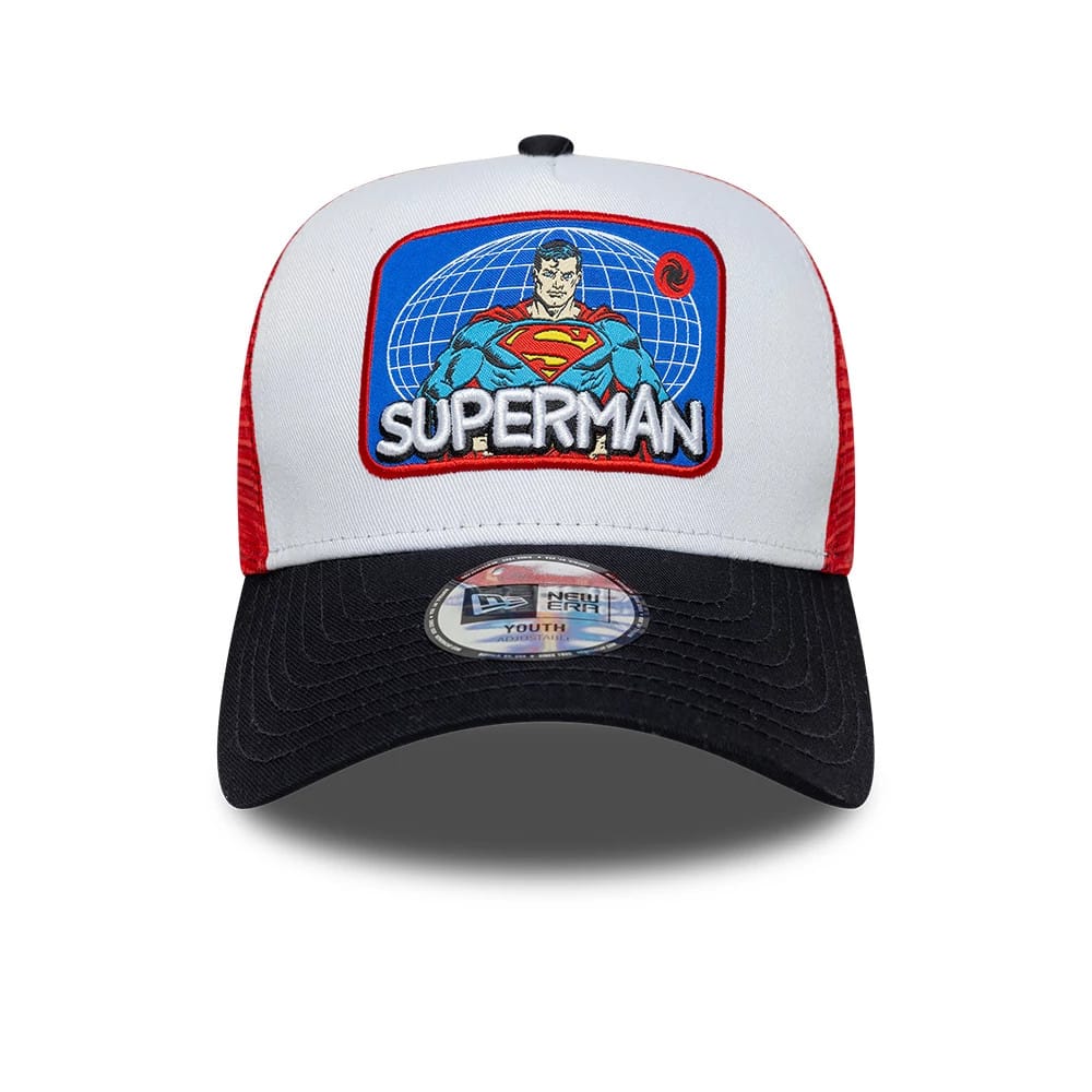 Pictured is this Youth DC Patch Superman 9FORTY A-Frame Trucker cap in white. 2