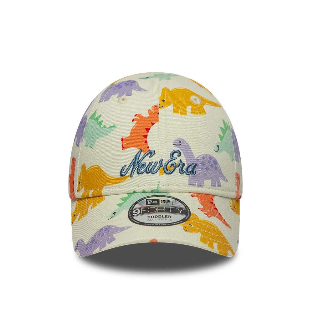 Pictured is this Toddler New Era All Over Dino 9FORTY cap in cream. 2