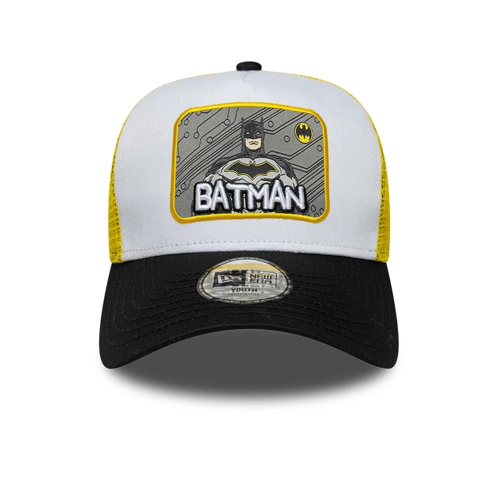 Pictured is this Youth DC Patch Batman 9FORTY A-Frame Trucker cap in white. 2