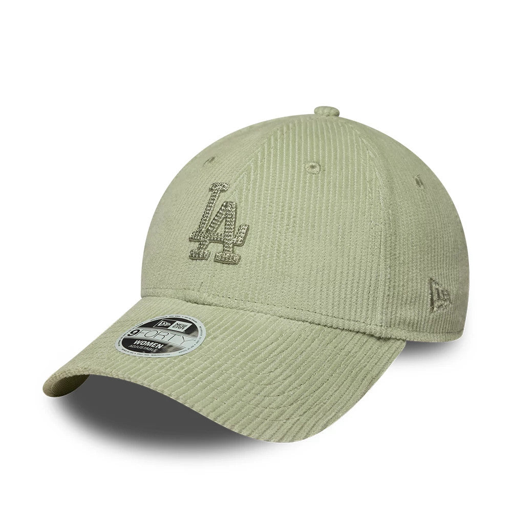 LA Dodgers Womens MLB Cord Pastel Green New Era 9FORTY Adjustable Cap, front view showing the corduroy texture with a raised embroidered LA logo in matching green on the front panel, a New Era flag logo on the left side.