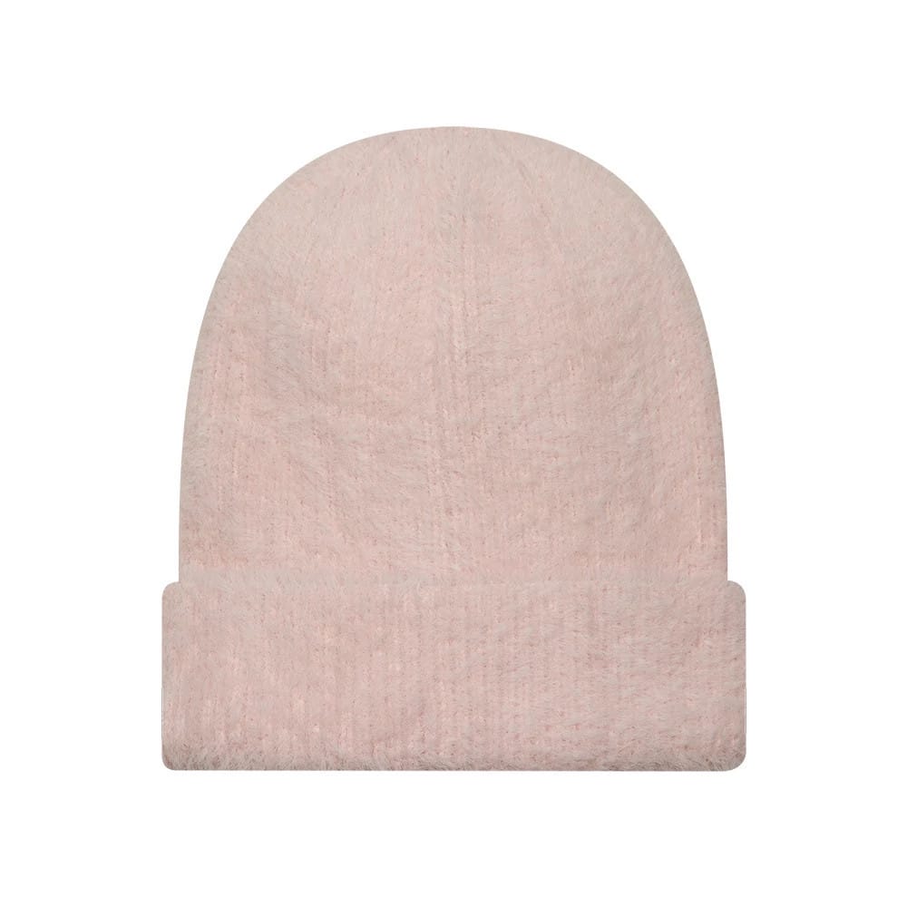 Pictured is this Womens MLB Fluffy Mohair New York Yankees Cuff Knit Beanie hat in pastel pink. 2