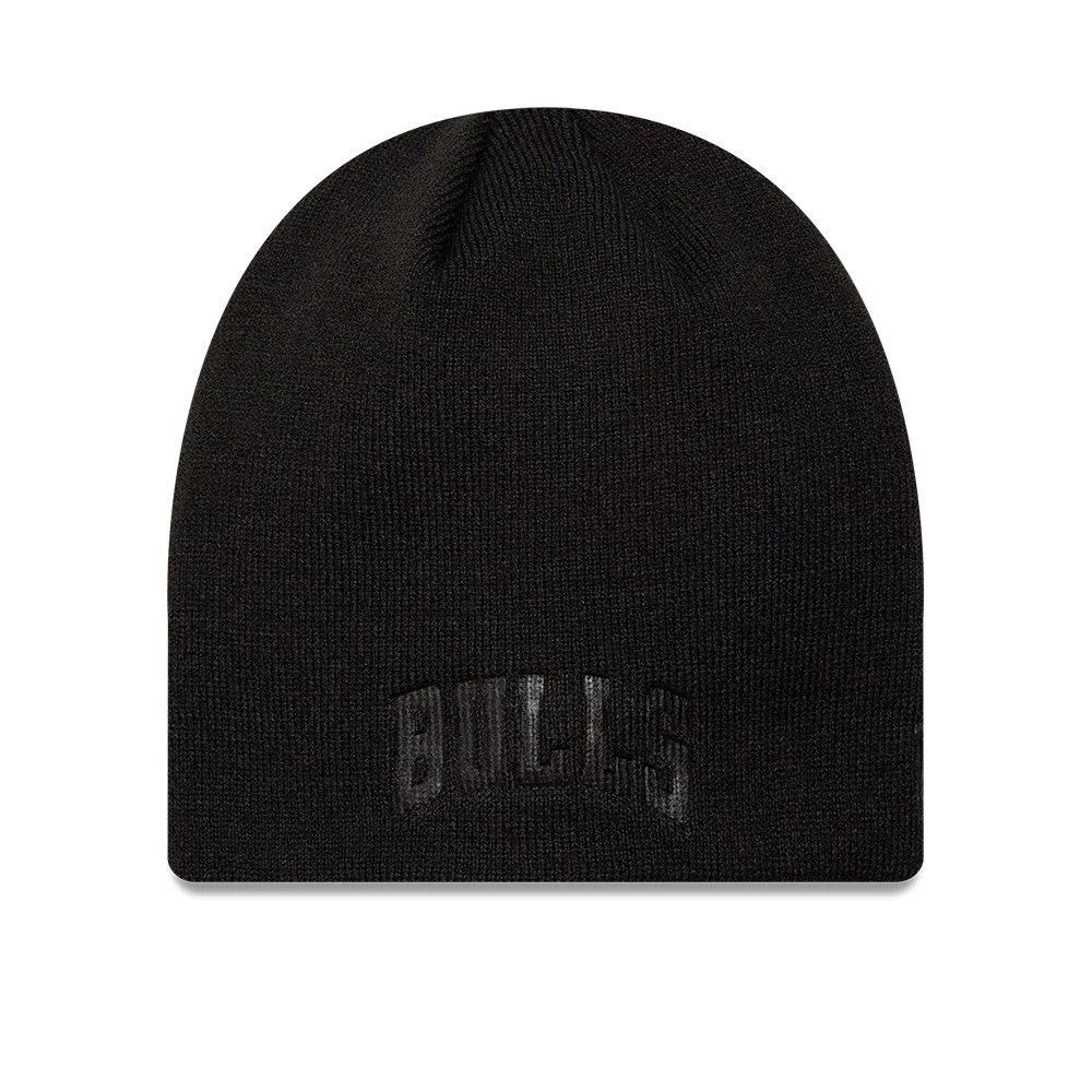 Pictured is this NBA wordmark Chicago Bulls Skull Knit Beanie hat in black. 1