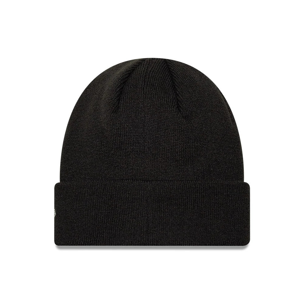Pictured is this MLB Metallic Outline New York Yankees Cuff Knit Beanie hat in black. 2