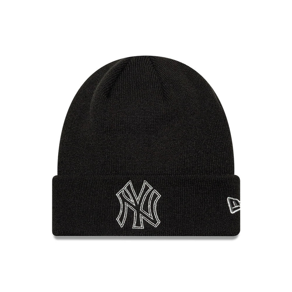 Pictured is this MLB Metallic Outline New York Yankees Cuff Knit Beanie hat in black. 1