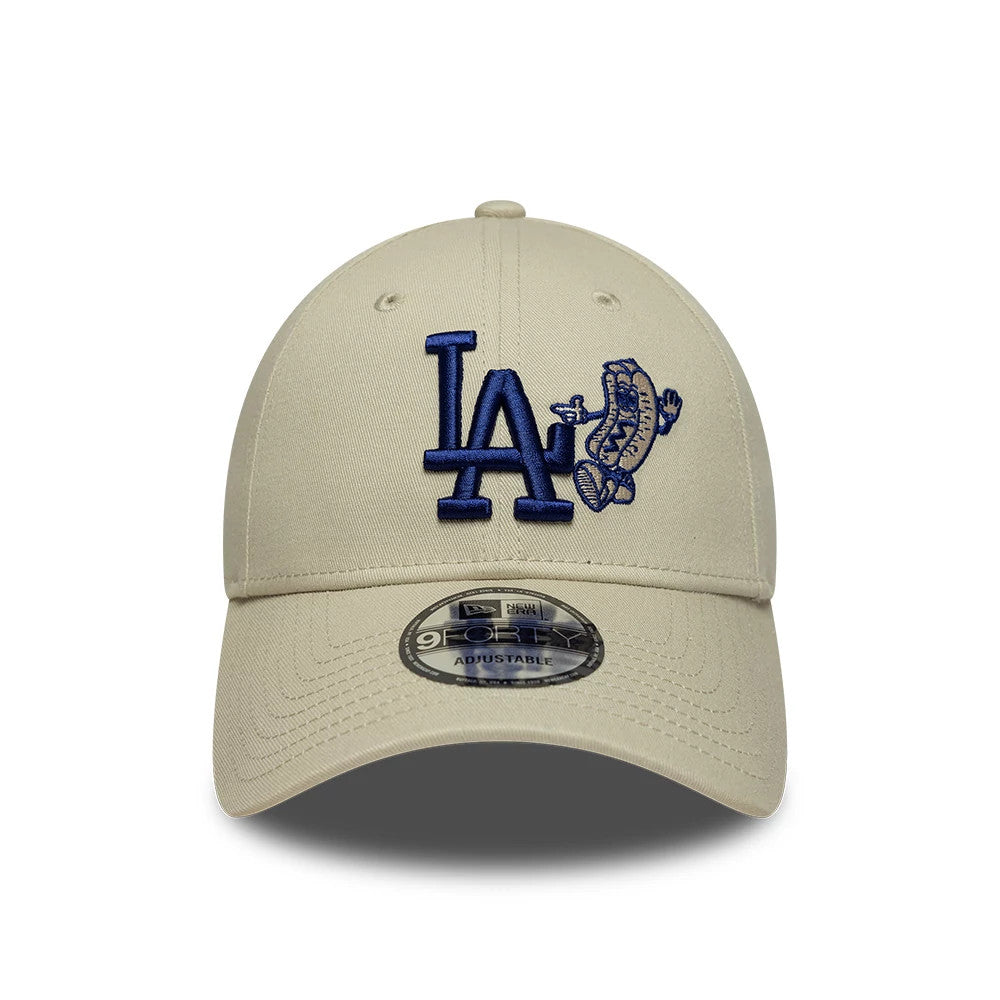 LA Dodgers MLB Food Icon Cream New Era 9FORTY Adjustable Cap, front view showing raised blue LA letters and a hot dog graphic on the cream crown, with a curved visor and 9FORTY size sticker placed on the visor.