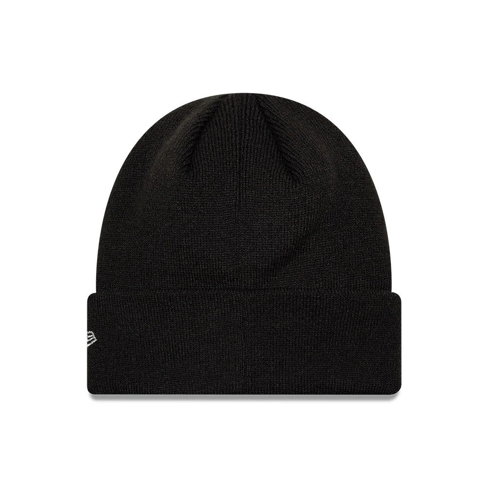 New Era LA Dodgers MLB Metallic Outline Black Cuff Knit Beanie Hat, front view showing the plain black knit design with a folded cuff and a white embroidered New Era flag logo on the left side of the cuff.