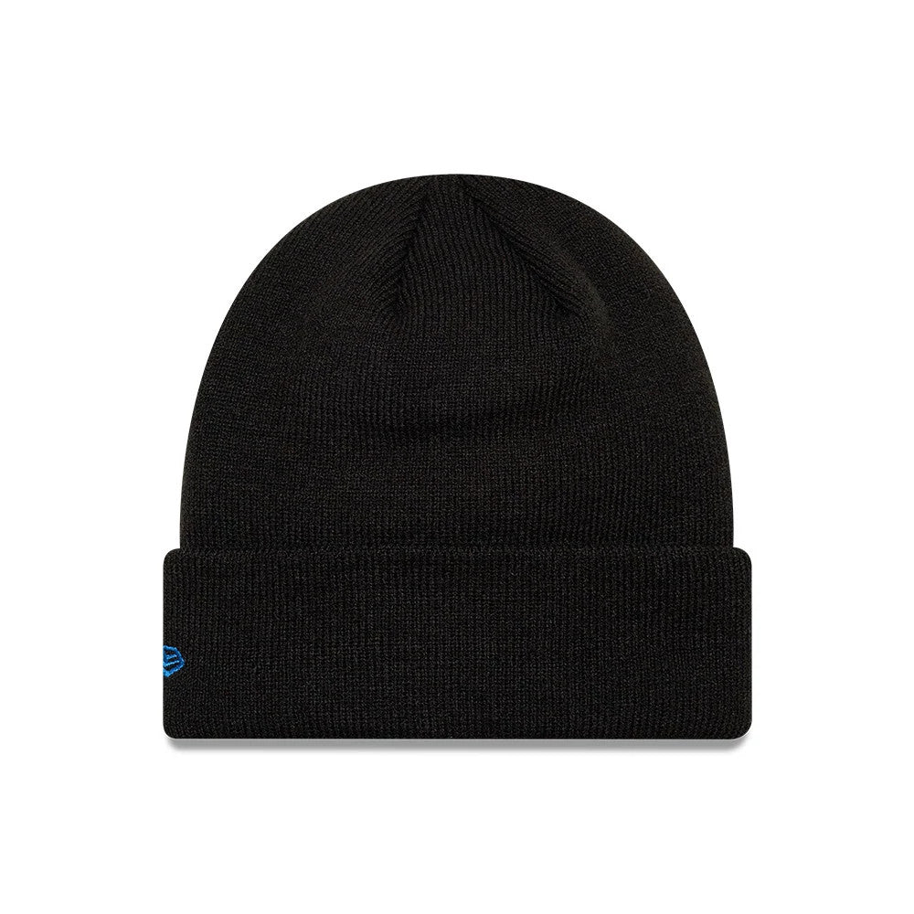 New Era New York Yankees Youth MLB League Essential Black Cuff Knit Beanie Hat, front view showing a simple all-black knitted design with a cuff, featuring a small blue New Era flag logo embroidered on the left side of the cuff.