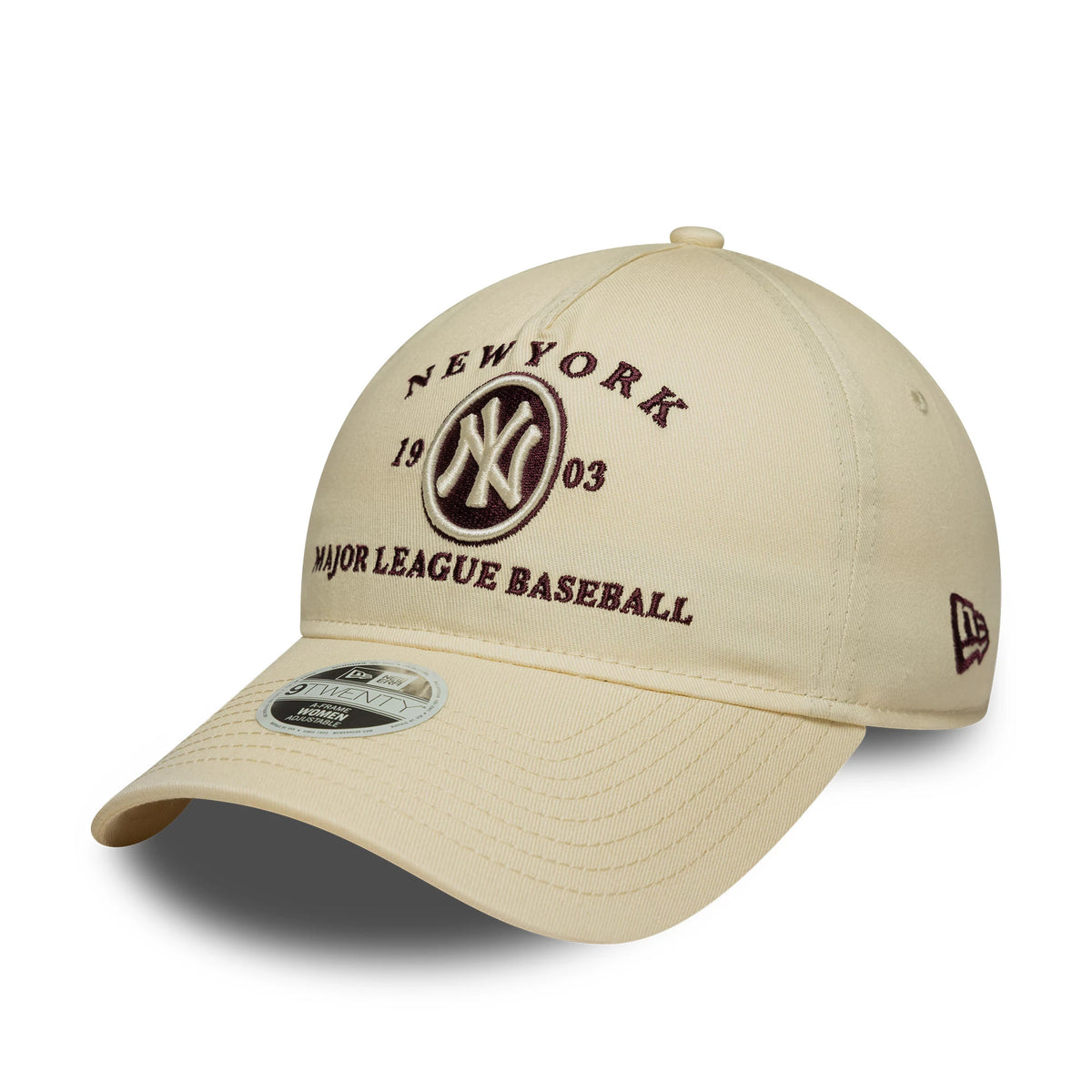 New York Yankees Womens MLB Cream New Era 9TWENTY A-Frame Adjustable Cap, front view showing a prominent dark brown embroidered New York logo and text on the cream crown, with matching stitching on the cream curved visor and a 9TWENTY size sticker.
