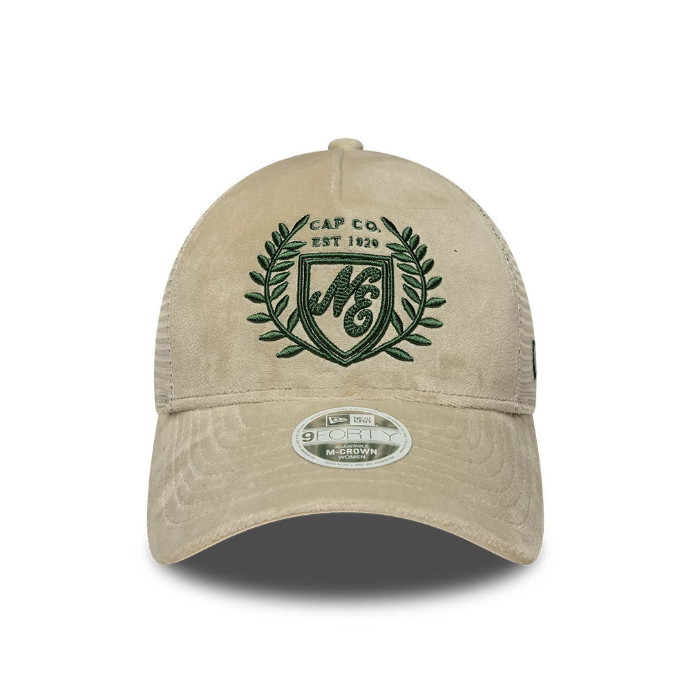 Pictured is this Womens New Era Velour 9FORTY M-Crown A-Frame Trucker cap in cream. 2