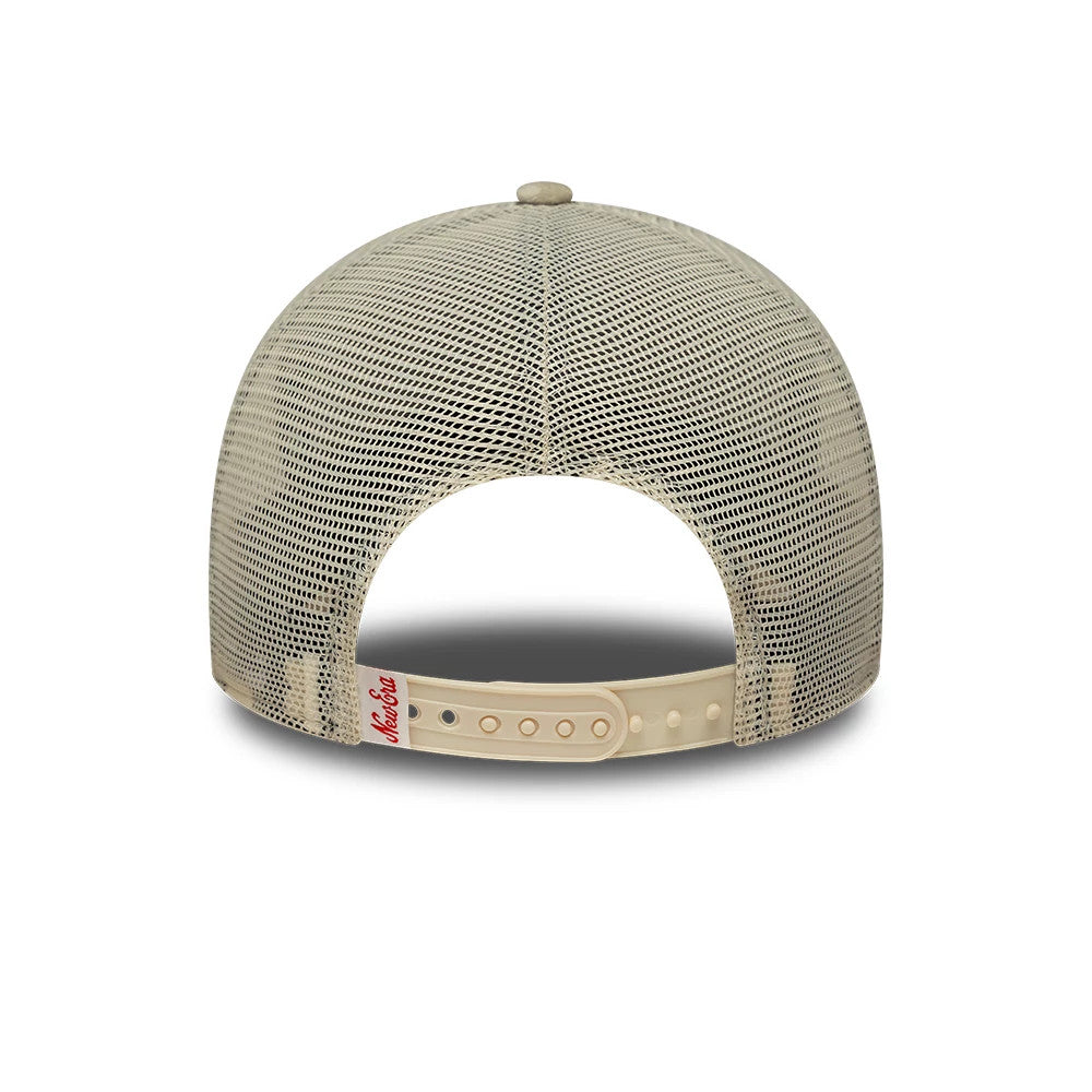 Womens New Era Velour Cream 9FORTY M-Crown A-Frame Trucker Adjustable Cap, rear view showing the red New Era script logo on the cream adjustable snapback closure, with a cream mesh back panel and cream top button.