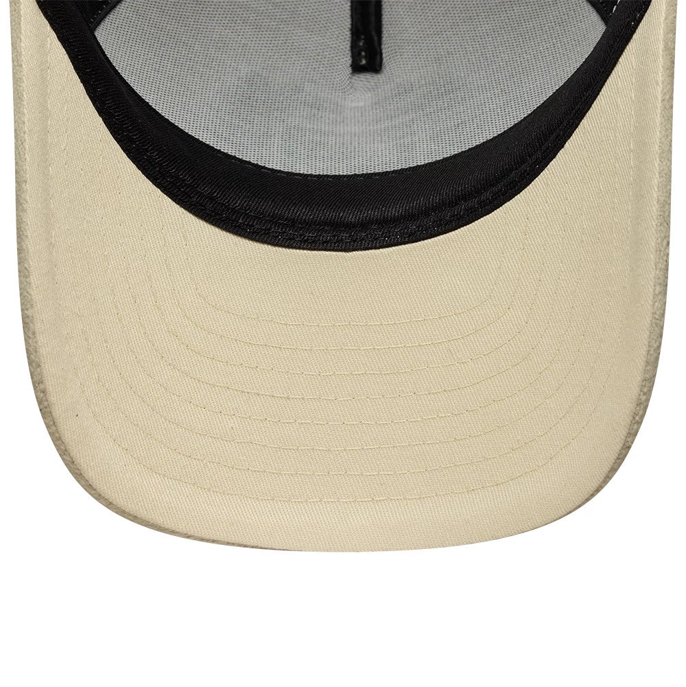 Pictured is this Womens New Era Velour 9FORTY M-Crown A-Frame Trucker cap in cream. 5