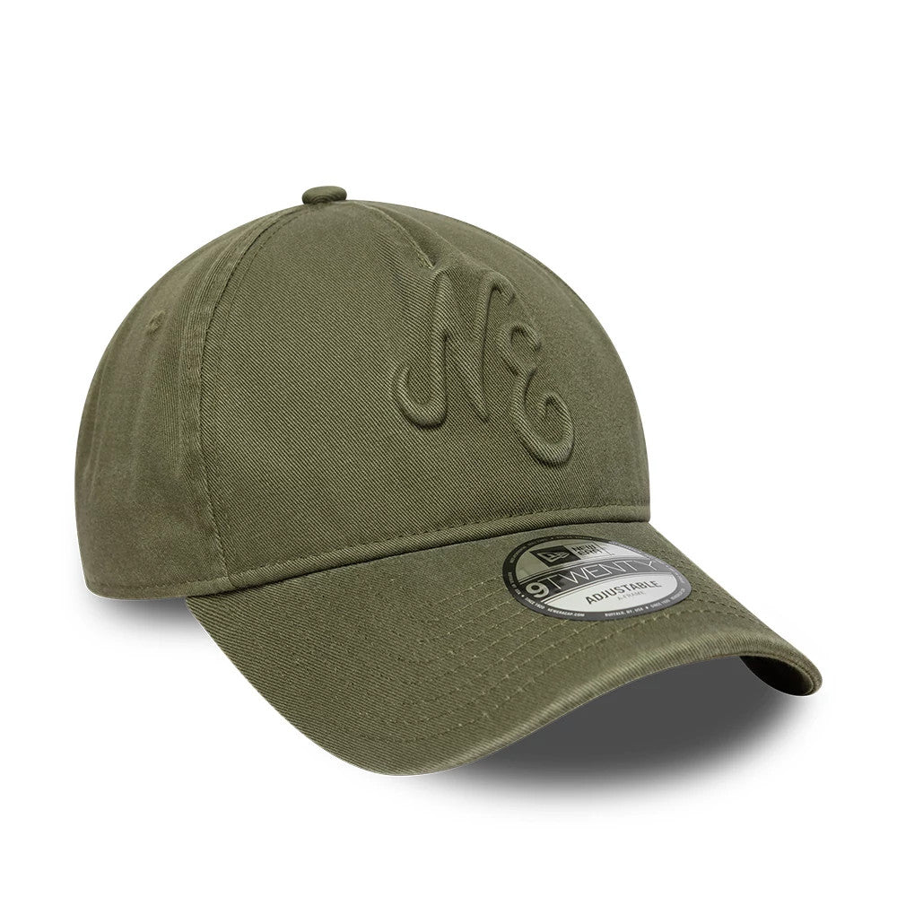 New Era Embossed Green New Era 9TWENTY A-Frame Adjustable Cap, three-quarter view showing the green sculpted embroidery on the unstructured crown, a bent visor with a 9TWENTY size sticker, and a top button and eyelets.