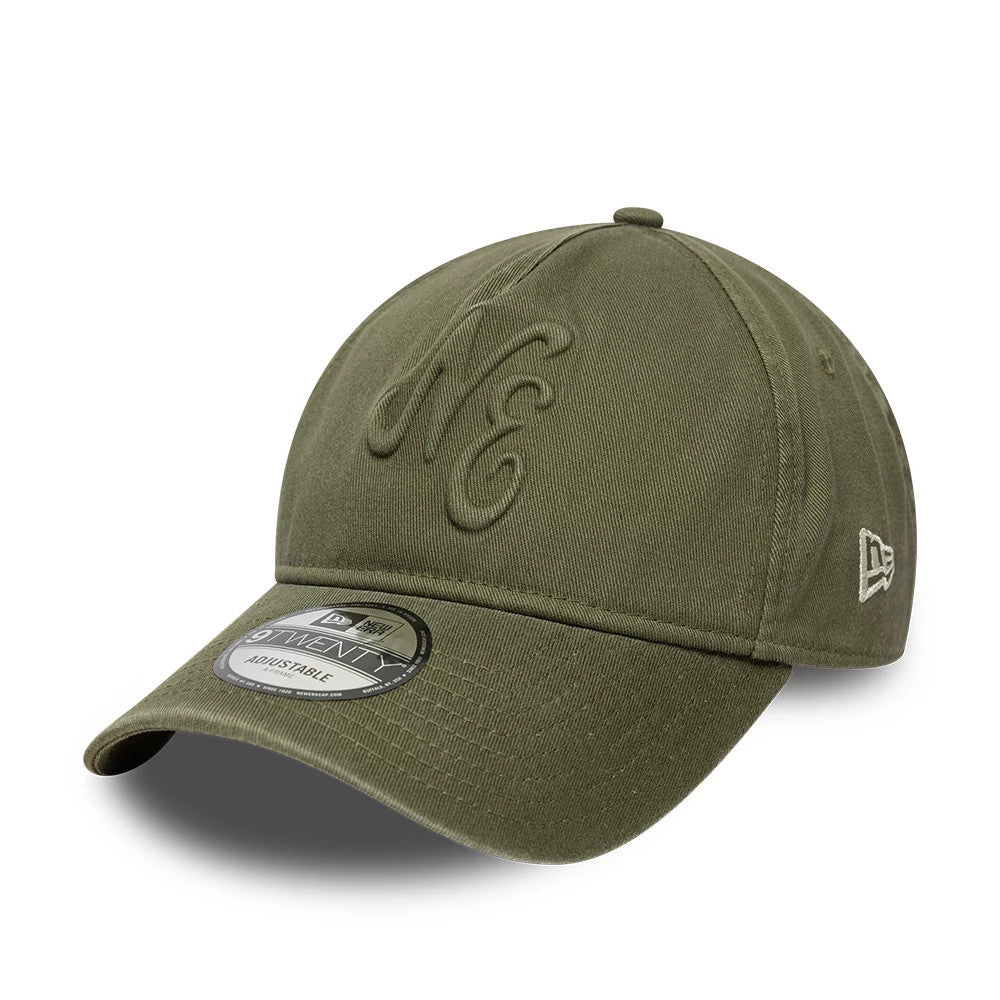 New Era Embossed Green New Era 9TWENTY A-Frame Adjustable Cap, three-quarter view showing the large green embossed NE logo on the front panel, green curved visor with a 9TWENTY size sticker, and white New Era flag logo on the left side.
