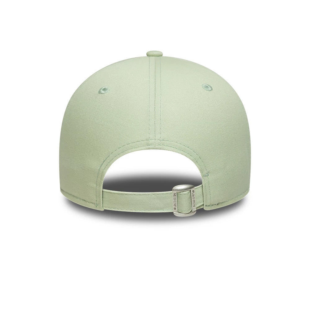 LA Dodgers MLB League Essential Pastel Green New Era 9FORTY Adjustable Cap, rear view showing an open back with a fabric strap and buckle, embroidered eyelets and a matching pastel green top button on the structured crown.