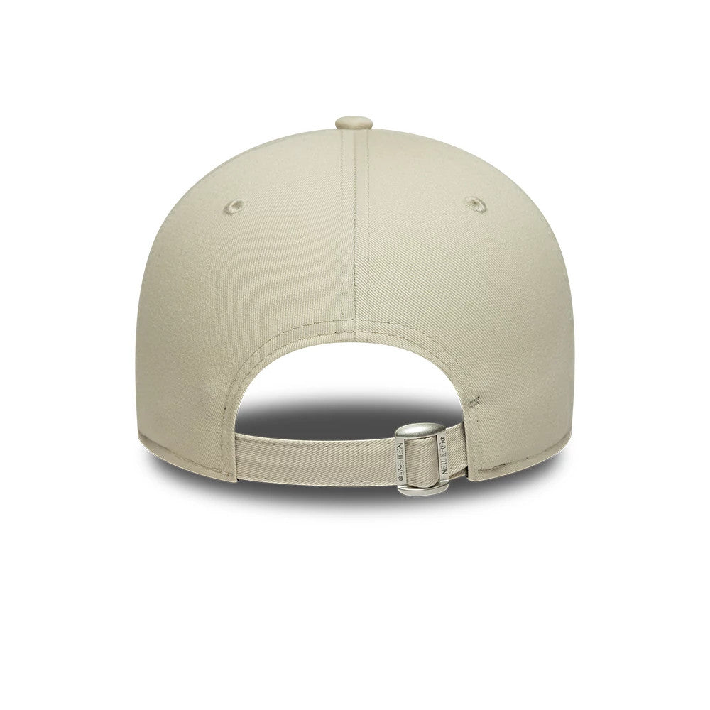 New York Yankees MLB League Essential Cream New Era 9FORTY Adjustable Cap, rear view showing the structured cream crown with matching top button, embroidered eyelets, and an adjustable fabric strap with a buckle for a custom fit.
