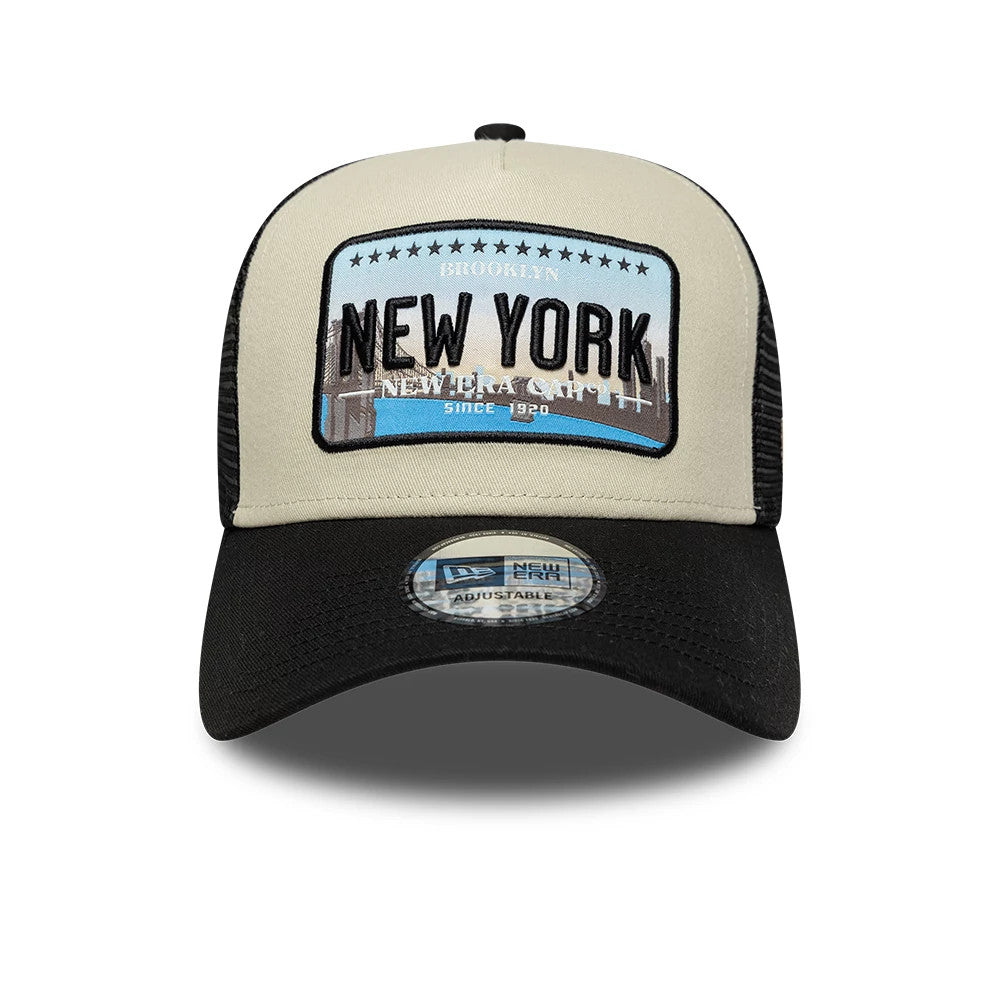 Pictured is this New Era Licence Plate 9FORTY A-Frame Trucker cap in black. 2