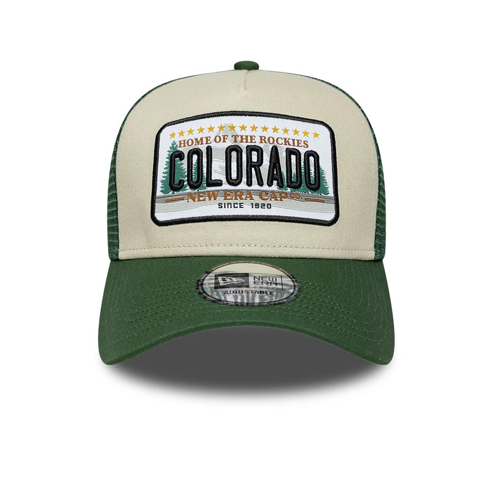 New Era Licence Plate Dark Green 9FORTY A-Frame Trucker Adjustable Cap, front view showing an embroidered Colorado graphic on the tan front panel, a green curved visor with 9FORTY size sticker, and dark green mesh side panels.