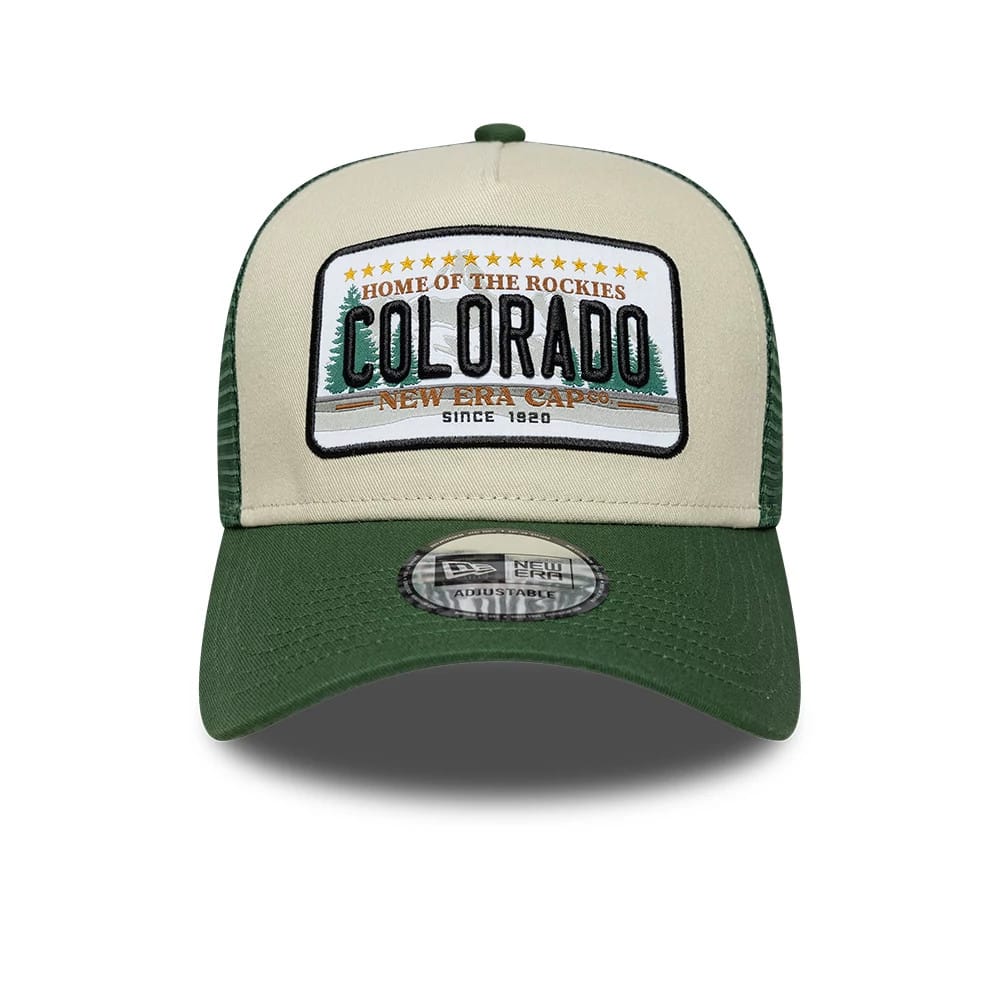 Pictured is this New Era Licence Plate 9FORTY A-Frame Trucker cap in dark green. 2